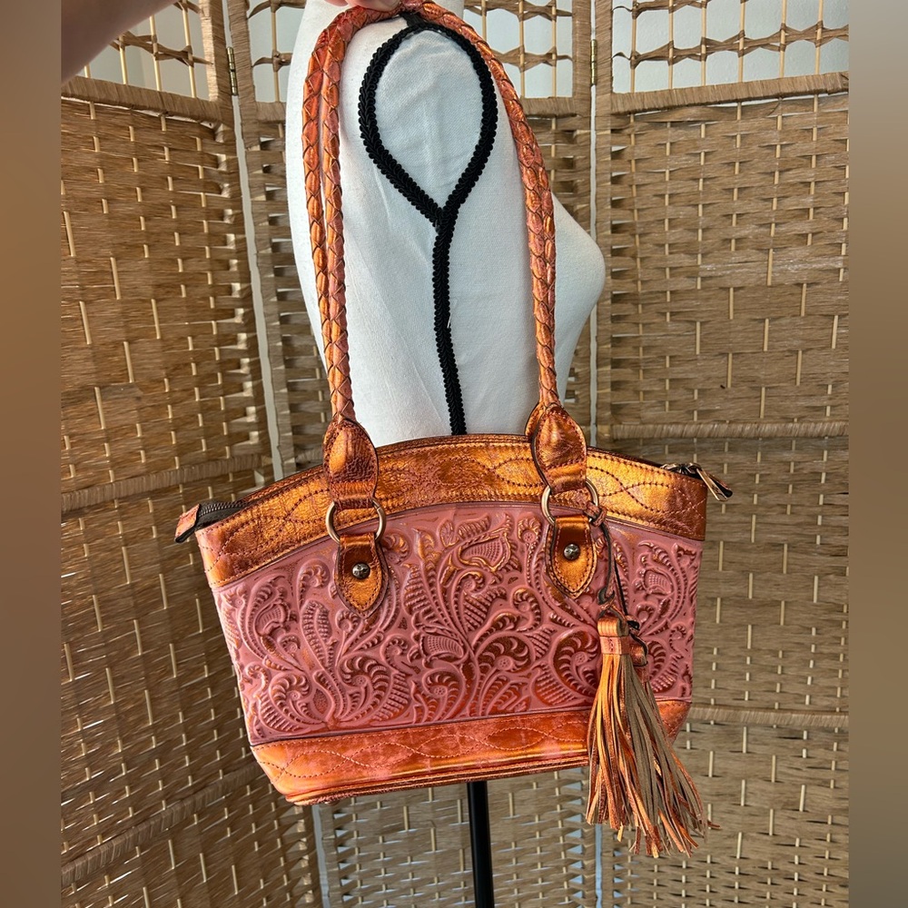 Patricia Nash Elegant Embossed Leather Shoulder Bag - Brown/Orange